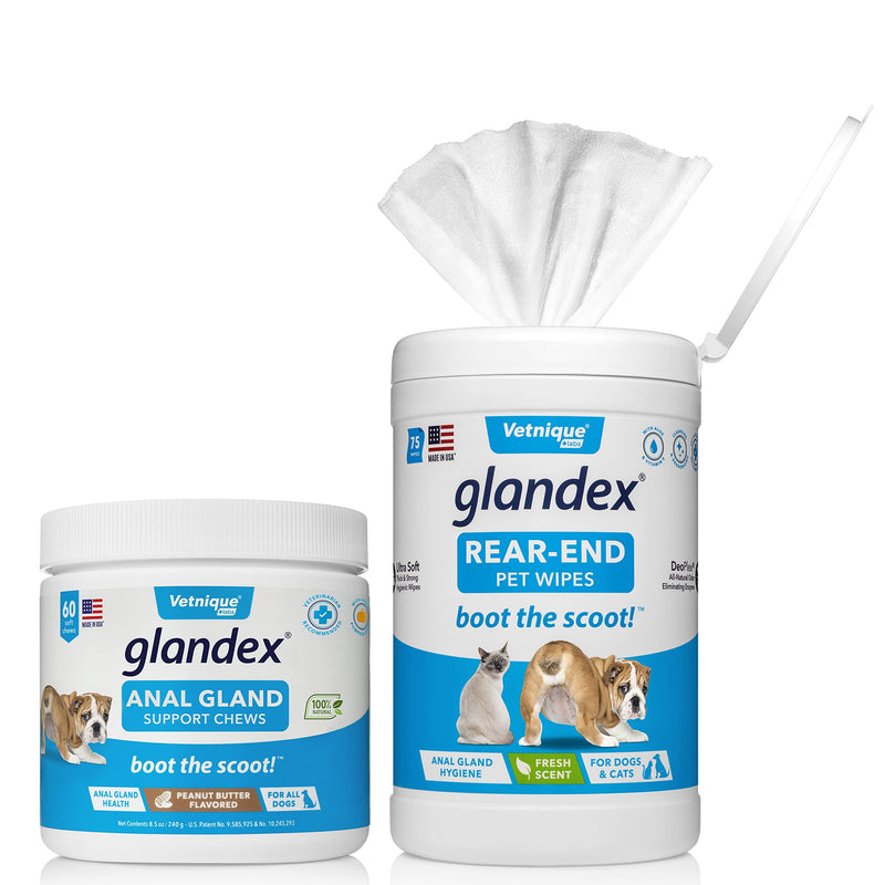 Glandex for Dogs 60ct Anal Gland Support Soft Chews and Glandex Pet Wipes 75ct Bundle - by Vetnique Labs - BeesActive Australia