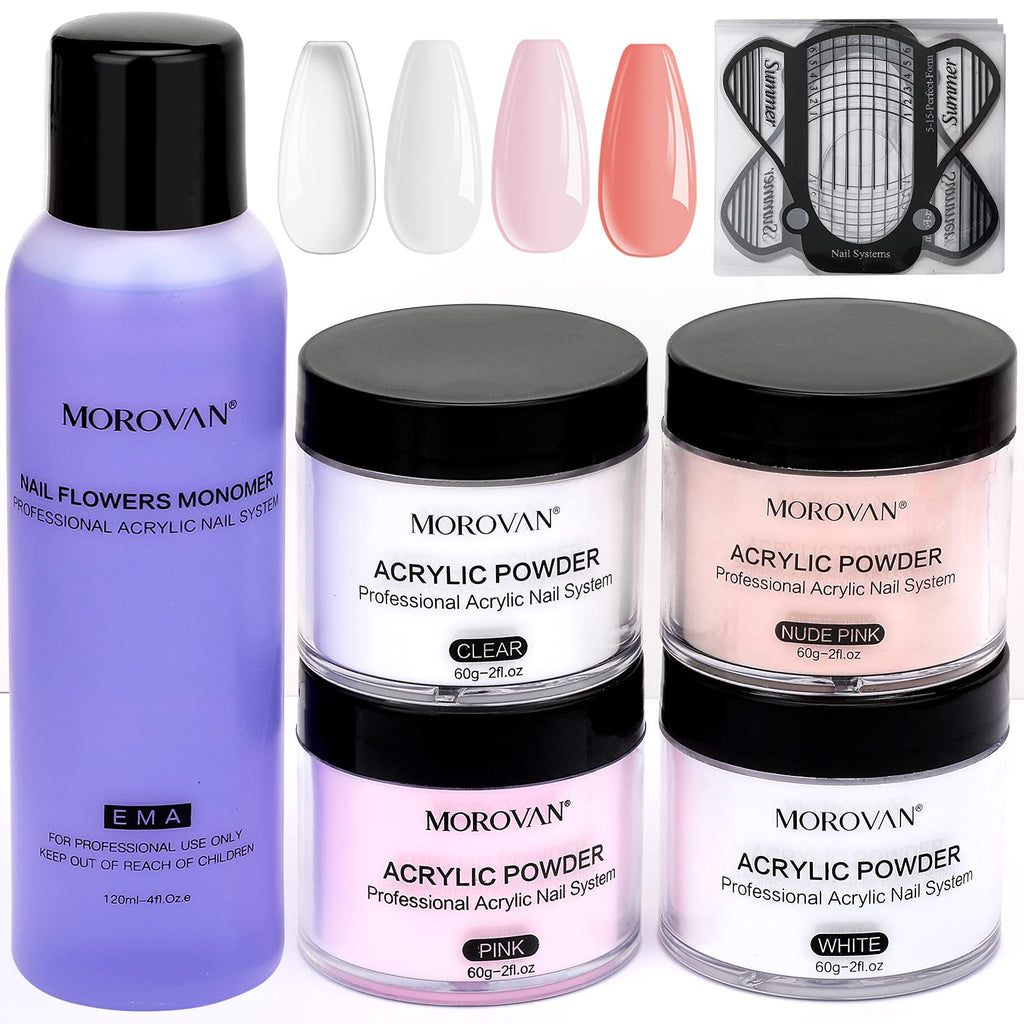 Morovan Acrylic Nail Kit Acrylic Powder Monomer Liquid Set 4 Colors Acrylic Powders Professional EMA Monomer 4oz Acrylic Supplies for Nail Extension Carving - with Clear Pink White Nude Colors - BeesActive Australia