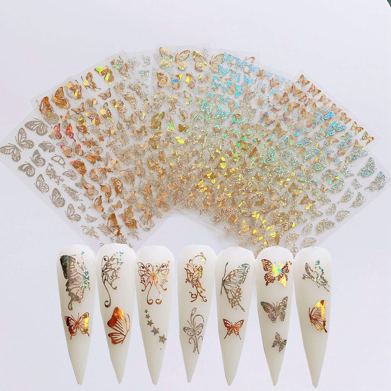 NAIL ANGEL 8Sheets Nail Art Adhesive Sticker Sheets Different Laser Gold and Silver Color Butterfly Shapes Nail Art Decoration 10238 - BeesActive Australia