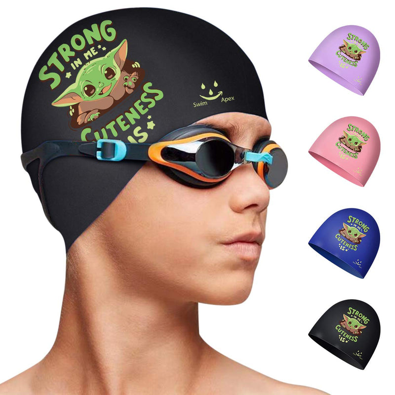 Swim Apex Swim Cap for (Age 2-13) Kids, Durable Silicone Swimming Cap for Kids Youths, Comfortable Fit for Long Hair and Short Hair with Baby Yoda Print Black - BeesActive Australia