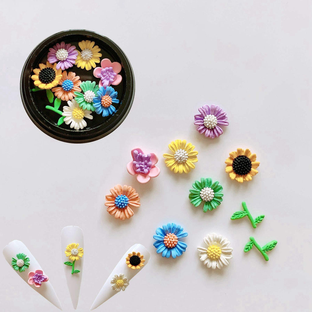 NAIL ANGEL 1Jar 10pcs Nail Art Metal 3D Charms Colorful Daisy Blossom Sunflower with Leaf in Black Jar Nail Art Decoration 10237 - BeesActive Australia