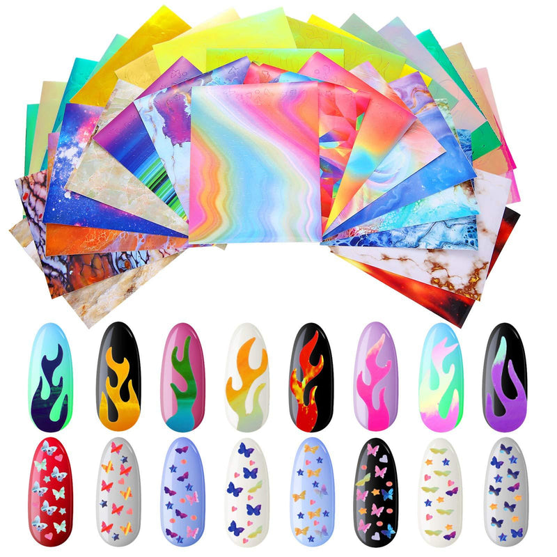 32 Sheets Nail Art Sticker, Include 16 Butterfly Nail Decals Holographic Butterfly Nail Art Sticker and 16 Flame Reflections Nail Decals Fire Nail Holographic Strip Tape for DIY Nail Salon - BeesActive Australia