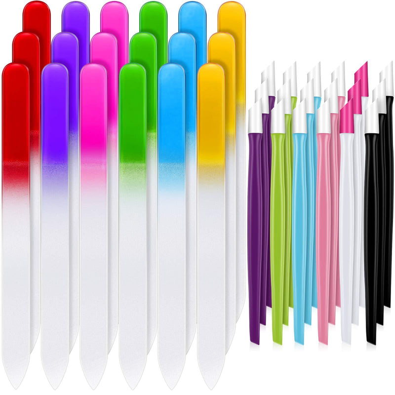 36 Pieces Glass Crystal Nail Files and Plastic Cuticle Pusher Rubber Handle Fingernail File Manicure Tools, Gradient Rainbow Color Buffer Manicure Tool Set for Natural Nail - BeesActive Australia