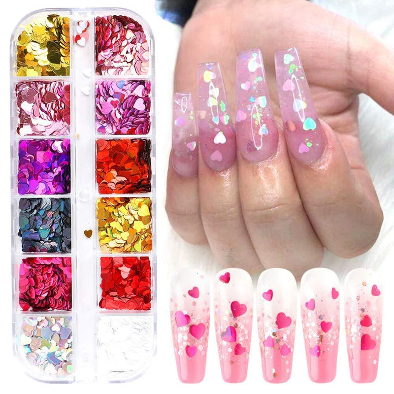 Nail Art Stickers Decals Nail Supplies Holographic Nail Polish Nail Art Decorations Accessories For Women Girls Shining Lovely Hearts Butterfly Sequins 12 Grids/Set (Heart) - BeesActive Australia