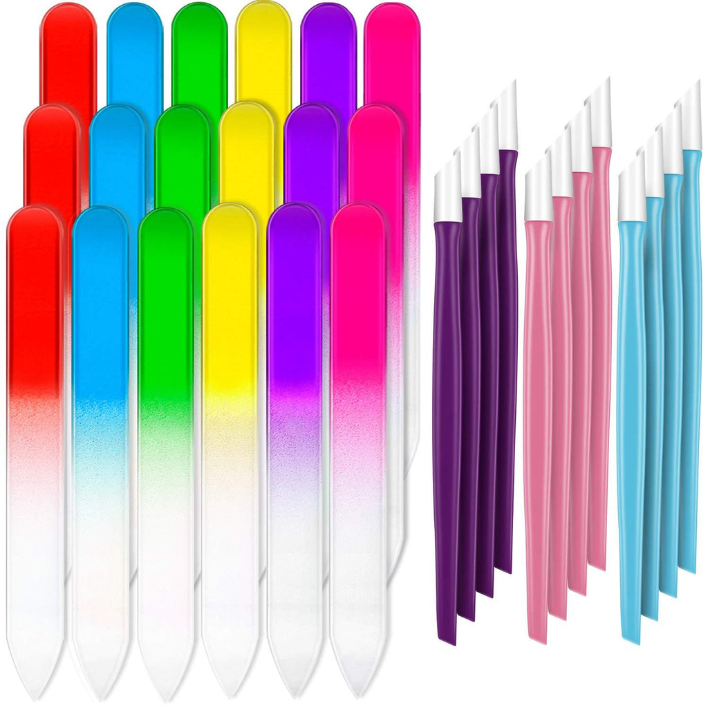 30 Pieces Glass Crystal Nail Files and Plastic Cuticle Pusher Rubber Handle Fingernail File Manicure Tools, Gradient Rainbow Color Buffer Manicure Tool Set for Natural Nail - BeesActive Australia