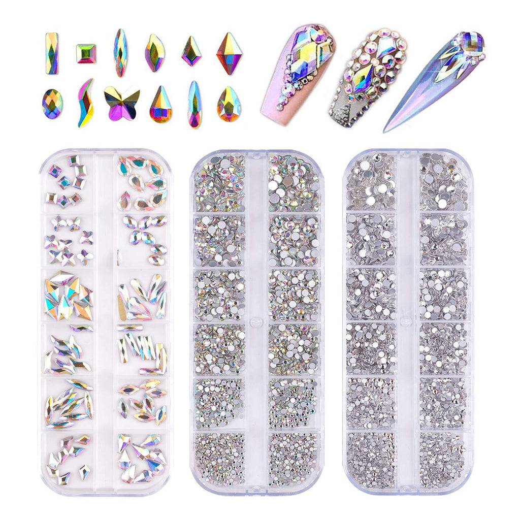 FITDON 3200pcs Nail Rhinestones Set, Multi-shapes Glass Crystal AB Rhinestones & Crystals AB Nail Art Rhinestones & Clear Nail diamond for Nail Decoration DIY Jewel Charms Accessories Supplies - BeesActive Australia