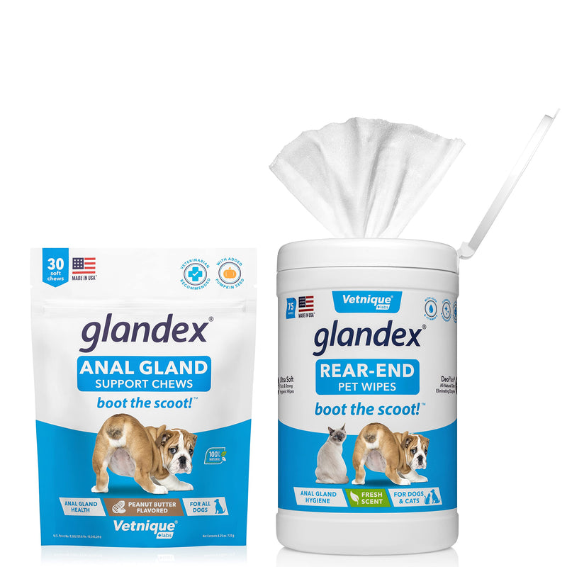 Glandex 30ct Peanut Butter Anal Gland Soft Chews with Glandex 75ct Pet Wipes Bundle by Vetnique Labs - BeesActive Australia