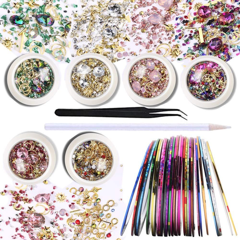 6 Box Mixed Rhinestone Accessories for Nail Art, 30pc Nail Tape for DIY , Glass Crystal 3D Decorations Gems Set - BeesActive Australia