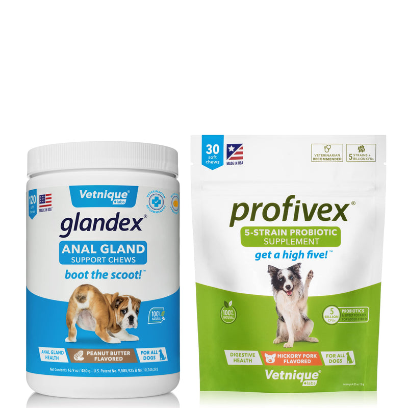 Glandex 120ct Peanut Butter Fiber Supplement Soft Chews with Profivex 30ct Pet Probiotic Soft Chews Bundle - BeesActive Australia