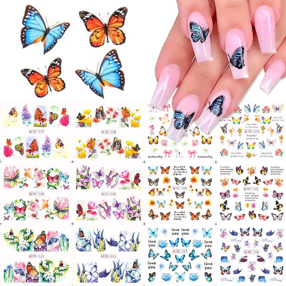 Butterfly Nail Art Stickers Water Transfer Nail Decals Flowers Butterfly Designs for Nails Supply Watermark DIY Colorful Butterflies Nail Art Foils for Nails Design Manicure Tips Decor(12Pcs) - BeesActive Australia