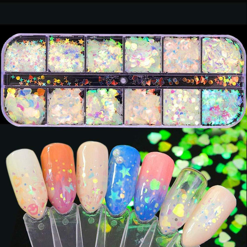 Karvier 12 Boxes Holographic Glitter Nail Art Sequins Iridescent Mermaid Flakes Glitter Colorful Confetti Sticker Manicure Nail Art Supplies Decals Decoration Glitter （Mermaid） - BeesActive Australia