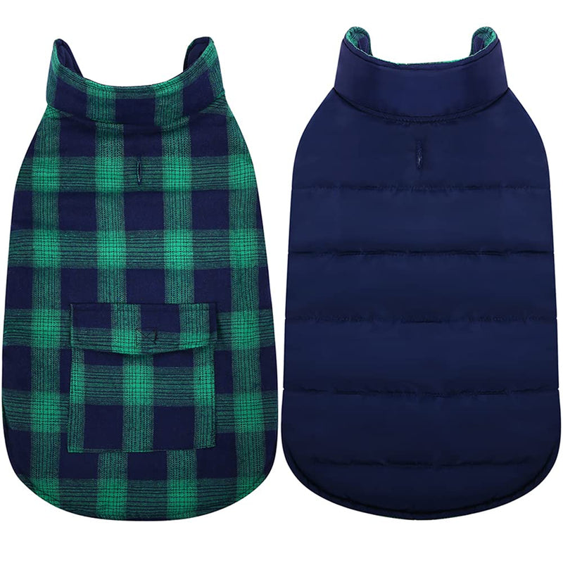 Kuoser British Style Plaid Dog Winter Coat, Windproof Water Repellent Cozy Cold Weather Dog Coat Fleece Lining Dog Apparel Dog Jacket Dog Vest for Small Medium and Large Dogs with Pocket XS-3XL 2X-Large (Chest Girth: 29.9-35.4'') Green - BeesActive Australia
