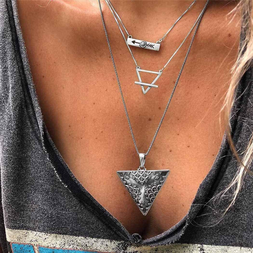 Bmurth Boho Layered Triangle Necklace Silver Bar Pendant Necklace Chain Jewelry Vintage for Women and Girls - BeesActive Australia