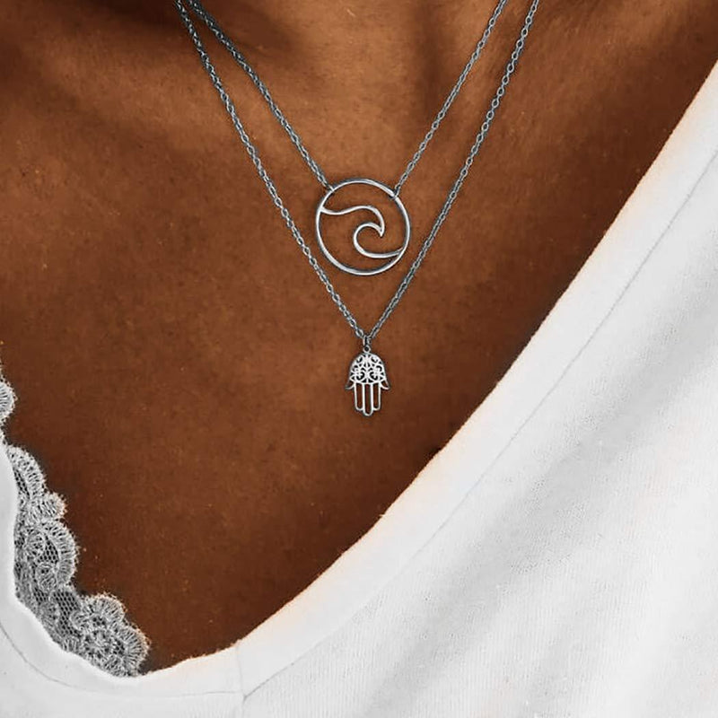 Bmirth Boho Layering Hamsa Hand Necklaces Silver Short Wave Pendant Necklace Chain Jewelry Adjuatable for Women and Girls - BeesActive Australia