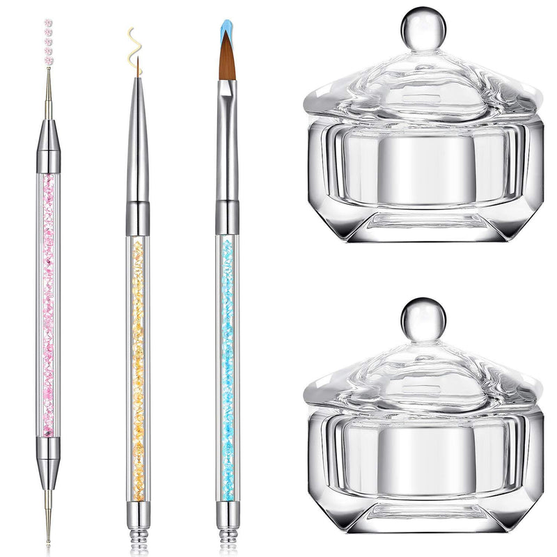 5 Pieces Acrylic Nail Art Brushes Set, 2 Pieces Nail Art Acrylic Liquid Powder Dappen Dish Glass Crystal Cup with Lid and 3 Pieces Nail Art Design Painting Dotting Brushes Pen with Diamond Handle - BeesActive Australia