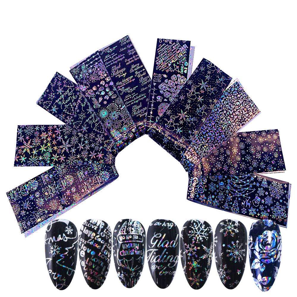 Holographic Nail Art Stickers Flower Rose Letter Snowflake Nail Foil Transfer Sticker Laser Gradient Wraps Nail Art Sticker for DIY Nail Art Manicure Decoration Black Chrismtas Gifts 10 Style - BeesActive Australia