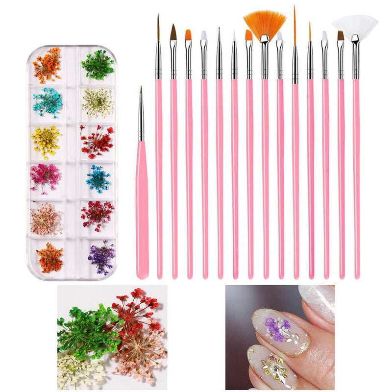 Ceqiny Nail Art Kit 60pcs Dried Flower Nail Accessories with 15pcs Pink Nail Pen Professional 3D Nail Art Supplies Nail Painting Brushes Natural Real Dry Flowers for Girls Nail Decoration Manicure - BeesActive Australia