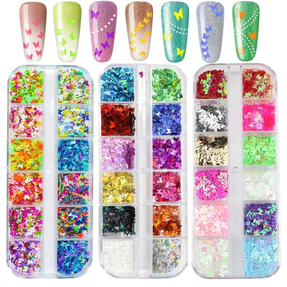Ouflow 36 Colors/Set Butterfly Nail Art Glitter Sequins, 3D Holographic Nail Art Flakes Stickers Decals, Nail Designs Accessories Decorations(3 Boxes) - BeesActive Australia