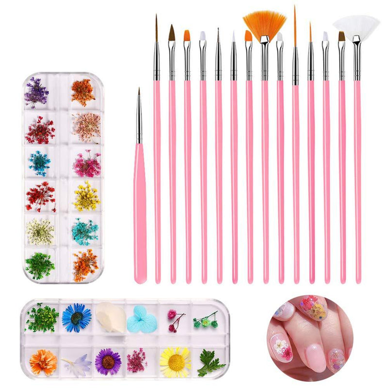 Ceqiny Nail Art Kit 48pcs Dried Flower Nail Accessories with 15pcs Pink Nail Pen Professional 3D Nail Art Supplies Nail Painting Brushes Natural Real Dry Flowers for Girls Nail Decoration Manicure - BeesActive Australia