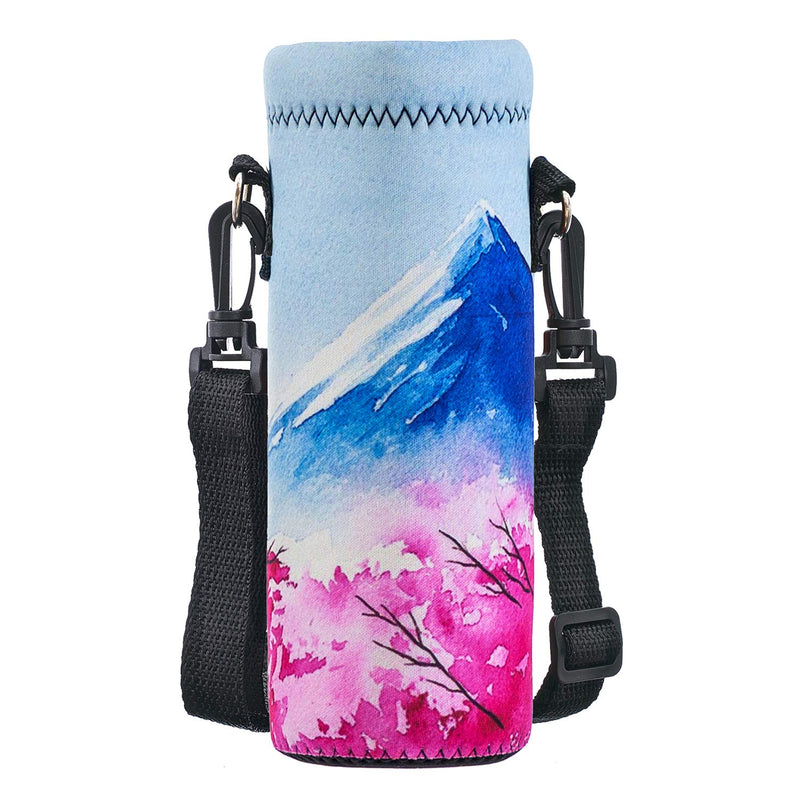 Water Bottle Sling Case Bag Carrier Holder - 500ML 750ML 1000ML Neoprene Water Bottle Sleeve Cooler Cover Pouch with Adjustable Shoulder Strap for Men Women Kids Travel Camping Walking Hiking Running Cherry Blossoms & Fujiyama 500ML/16.9oz - BeesActive Australia