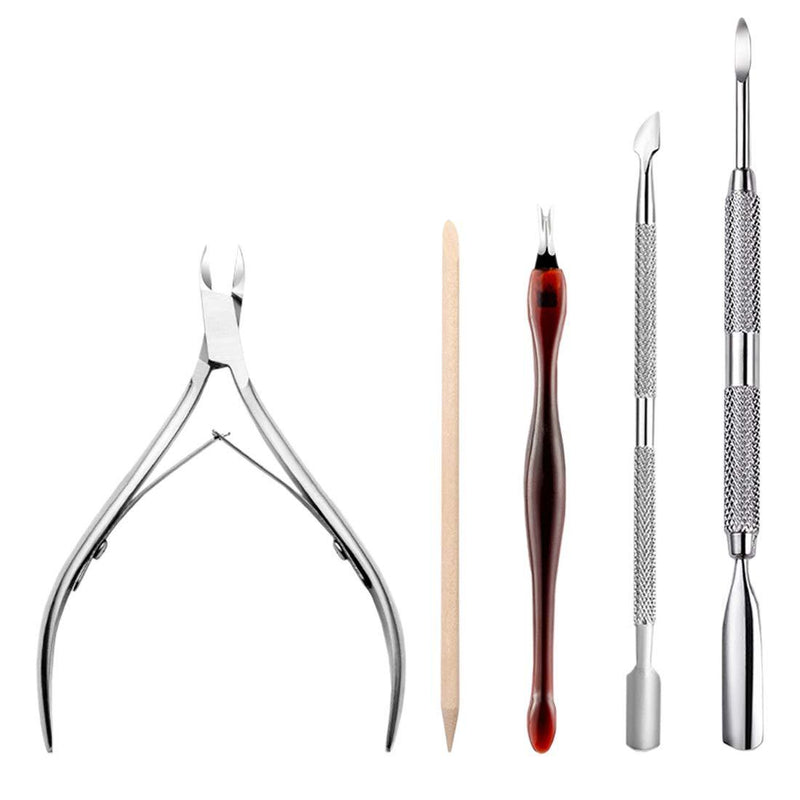 DANIVE Cuticle Trimmer Set - 5PCS Stainless Steel Cuticle Cutter Kit, Include Cuticle Pusher, Nail Clipper & Wood Sticks, Cuticle Removal Tools for Manicure, Pedicure, Nail Art silver - BeesActive Australia