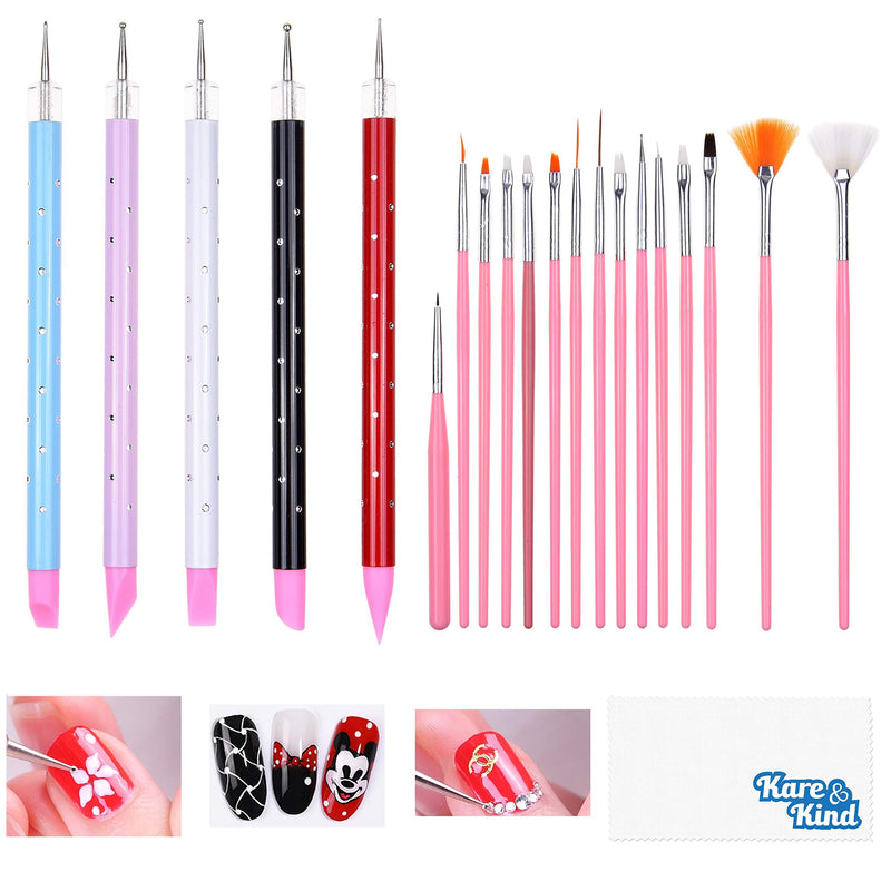 Kare & Kind Nail Art Design Dotting Painting UV Gel Pen Tools - 20x Nail Art Accessories - 15x Nail Art Brushes, 5x Double Ended Sculpting and Dotting Pen - DIY, Home, Salon, Professional Use - BeesActive Australia