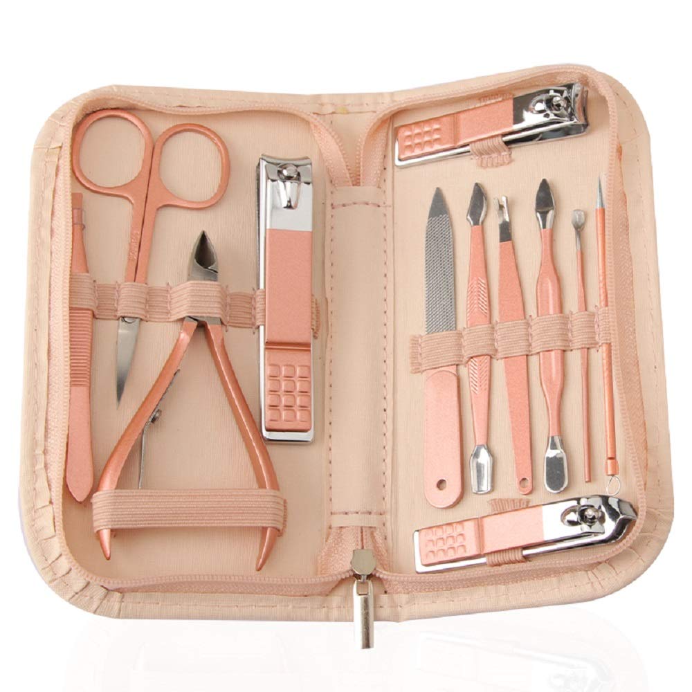 Nail Clippers and Beauty Tool Portable Set, Rose Gold Martensitic Stainless Steel Manicure Set 12 in 1, with Pink Leather Bag, Suitable for Home, Workplace, Outdoor Travel, Gift Giving, Beauty Salon. - BeesActive Australia