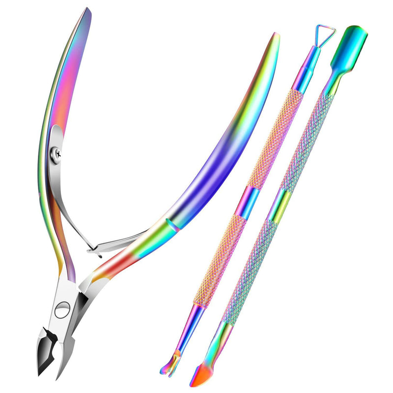 Cuticle Trimmer with Cuticle Pusher, XUNXMAS Cuticle Remover Cutter Nipper Scissor and Triangle Cuticle Nail Pusher Peeler Scraper, Durable Dead Skin Clipper Manicure Pedicure Tools Colorful - BeesActive Australia