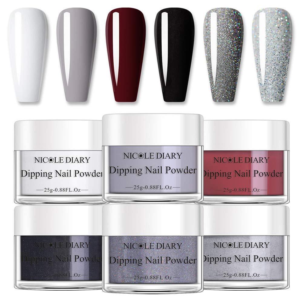 NICOLE DIARY Dip Powder Nail Kit 6 Colors - Snow White Gray Gliiter Dipping Powder Acrylic Nails System, French Style Manicure No Nail Lamp Needed Home Manicure Nail Art Set for Women MOm set 1 - BeesActive Australia