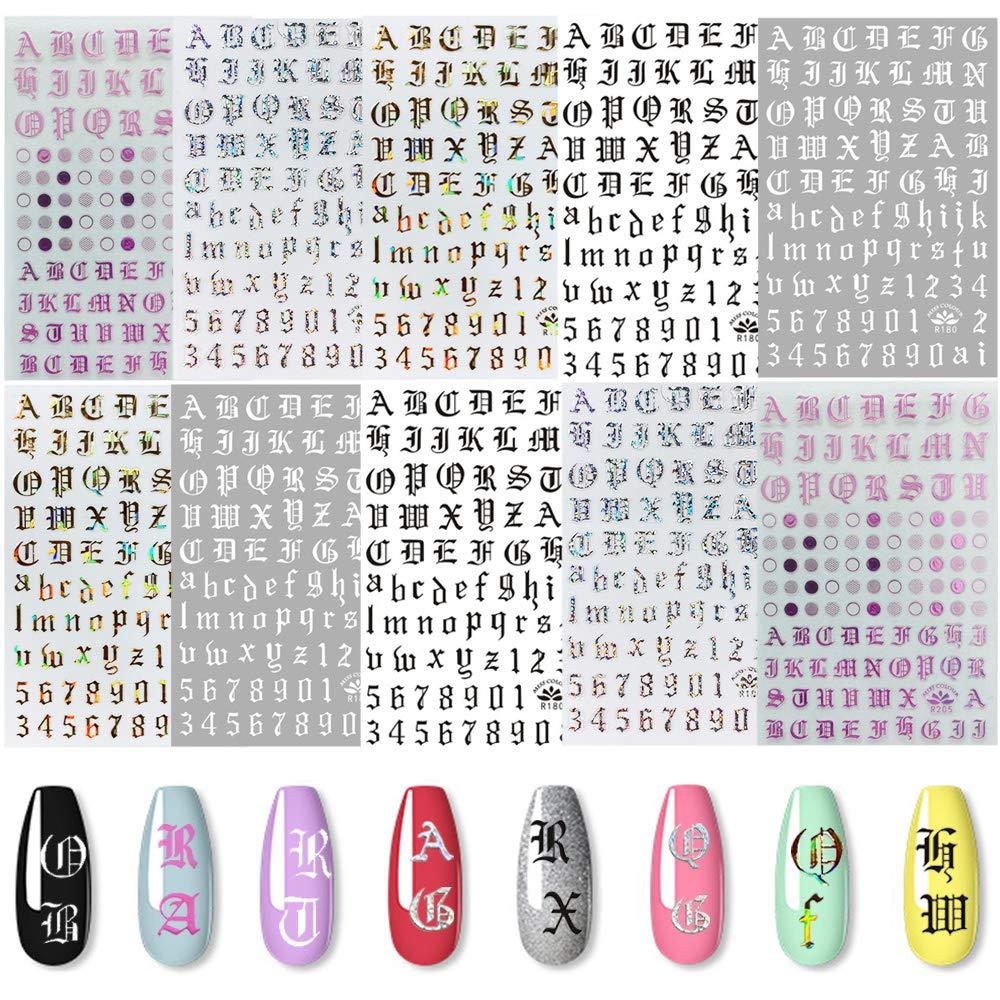 EBANKU 5colors Letter Nail Art Stickers 10 Sheets Letter Nail Stickers for Nails Old English Words Alphabet Nail Decals 5 Colors - BeesActive Australia