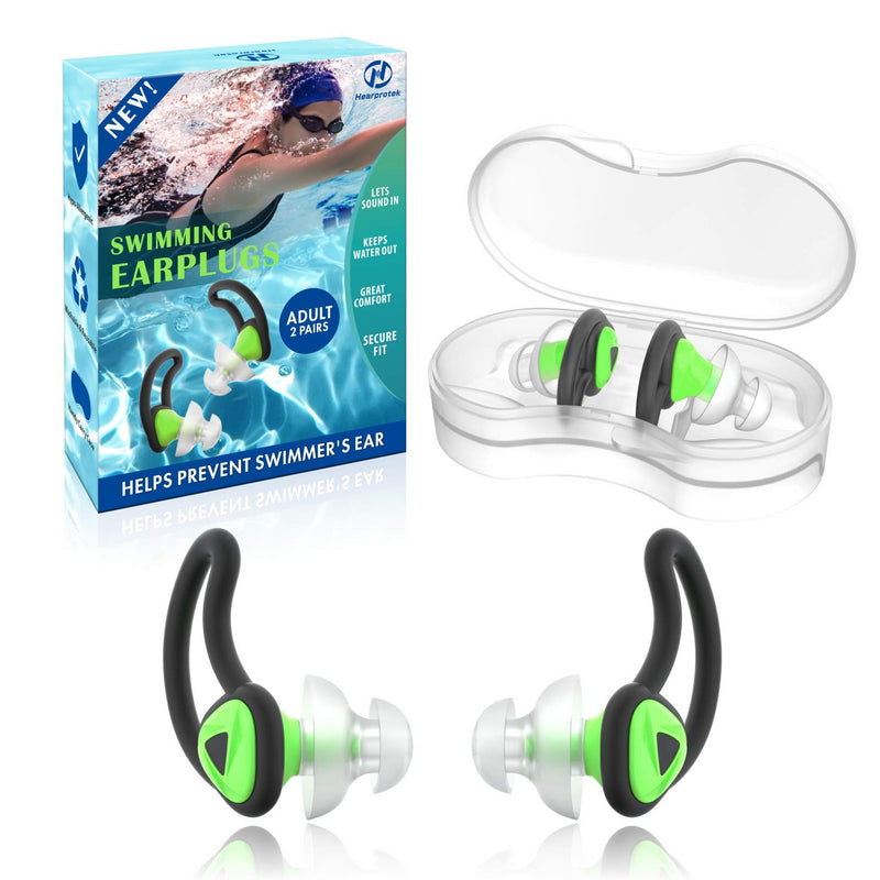 [2 Pairs] Ear Plugs for Swimming, Hearprotek Swim Ear Plugs Adults-Waterproof Silicone Water earplugs for Men Women Juniors Swimmers Pool Shower Bathing (Green) Green - BeesActive Australia