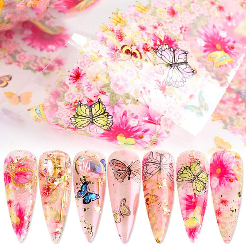 Butterfly Nail Art Supplies Nail Art Foil Stickers Decals Holographic Colorful Flowers Nail Transfer Foil Charms Butterflies Nail Design for Acrylic Nail Accessories Manicure Decorations 10 Pcs - BeesActive Australia