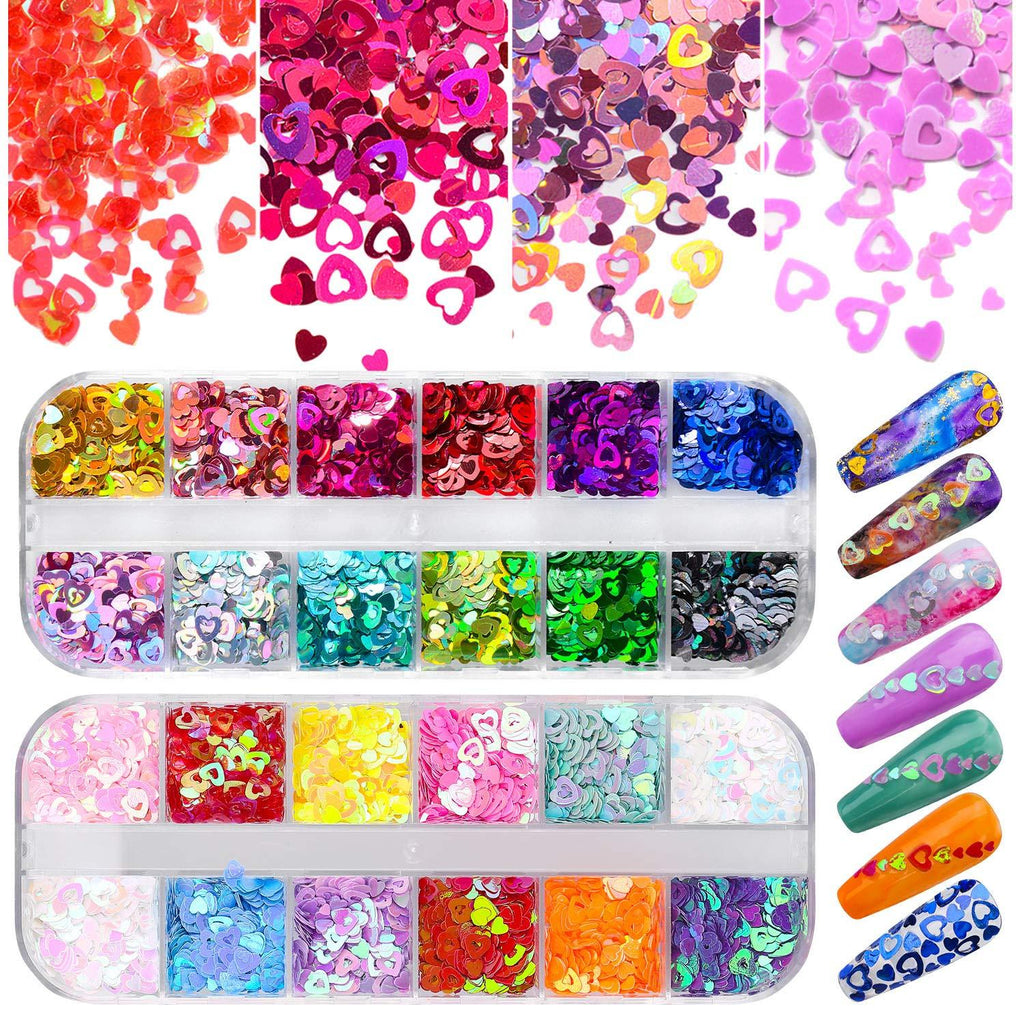 Warmfits Nail Art Heart Glitter 24 Colors Holographic Sparky Mixed Heart & Hollow Heart Shaped Nail Sequins 4mm 3mm 2mm Various Size for Acrylic Nail Decoration Eye Face Body DIY Crafts (Pattern A) Pattern A - BeesActive Australia