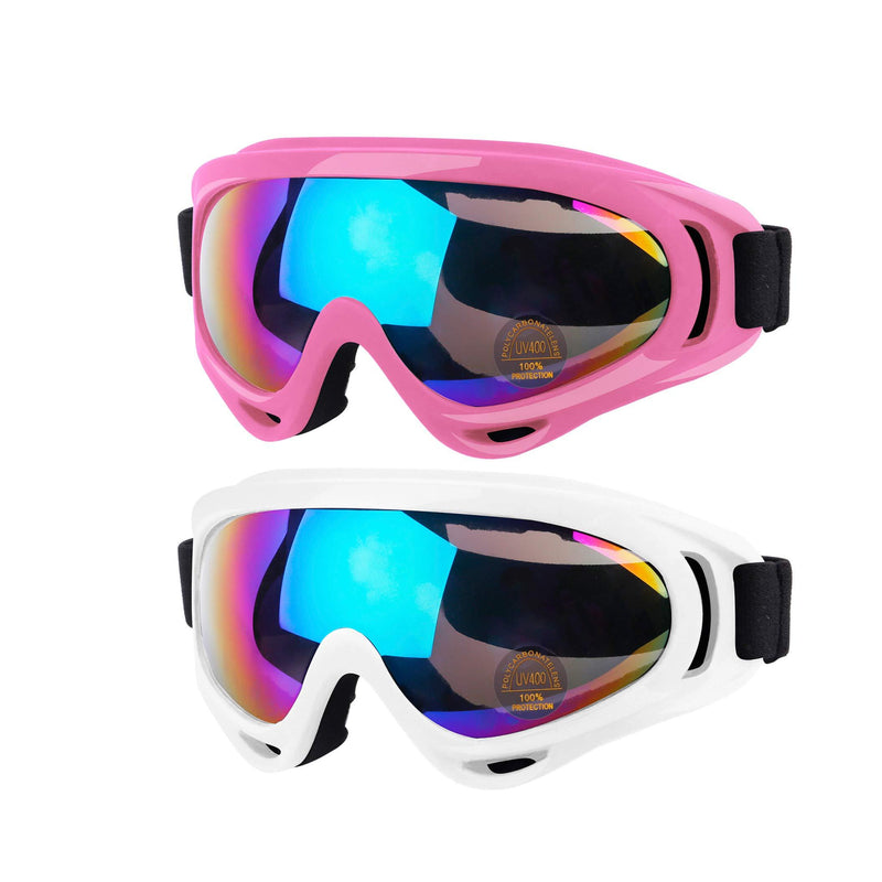 Anni Coco Ski Goggles, Snowboard Goggles for Men Women & Youth, Kids, Boys & Girls, Snow Goggle Winter Skiing Sport Goggles Anti Fog Protection, Anti-Glare Lenses, Wind Resistance, 2 Pack 02.white+pink - BeesActive Australia