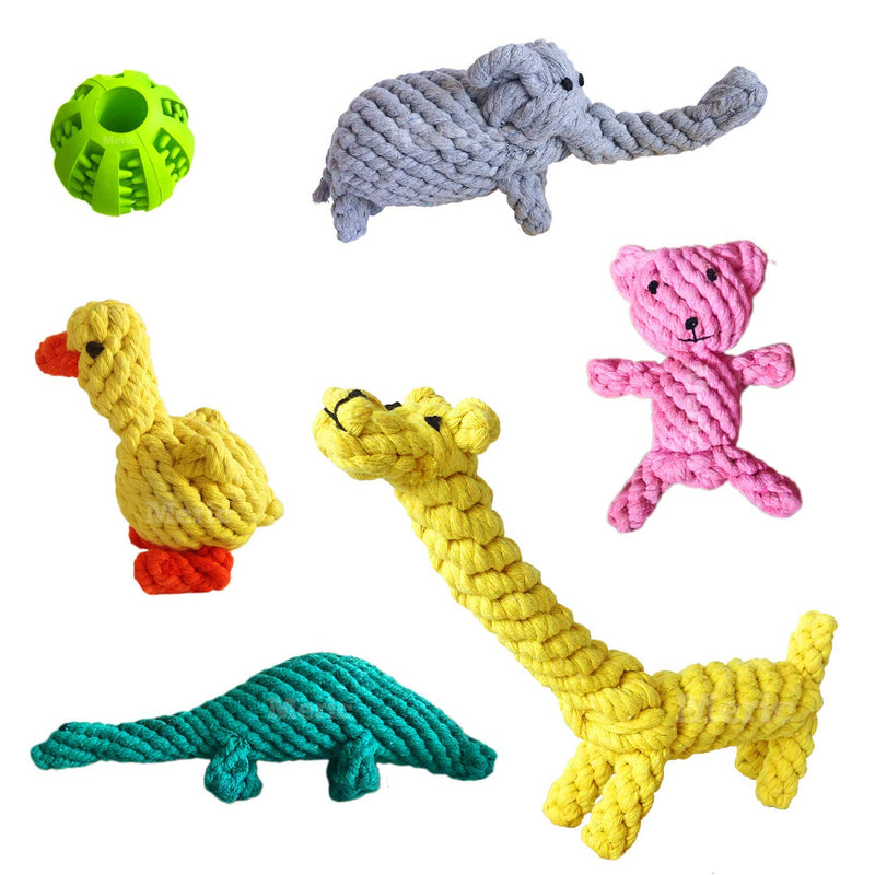 Meric Pet Chew Toys, 5 Handwoven Cotton Rope Animals and Rubber Treat Ball for Overall Development, Lessen Boredom, Stress, Anxiety and Encourages Play, 6 pcs per Pack - BeesActive Australia