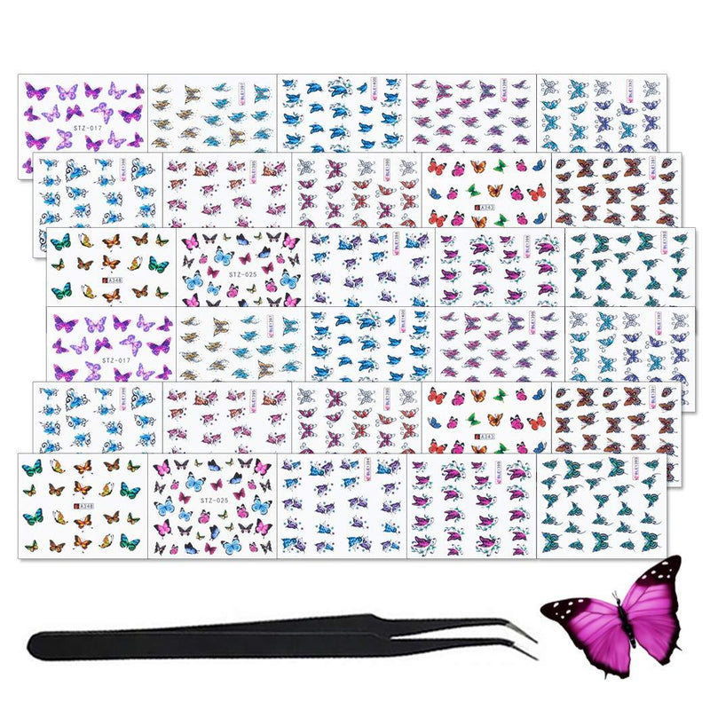 WOKOTO 30 Sheets Colorful Butterfly Nail Water Transfer Decals with 1Pc Tweezers 3D Design Nail Art Stickers Manicure Accessories for Women KIT1 - BeesActive Australia