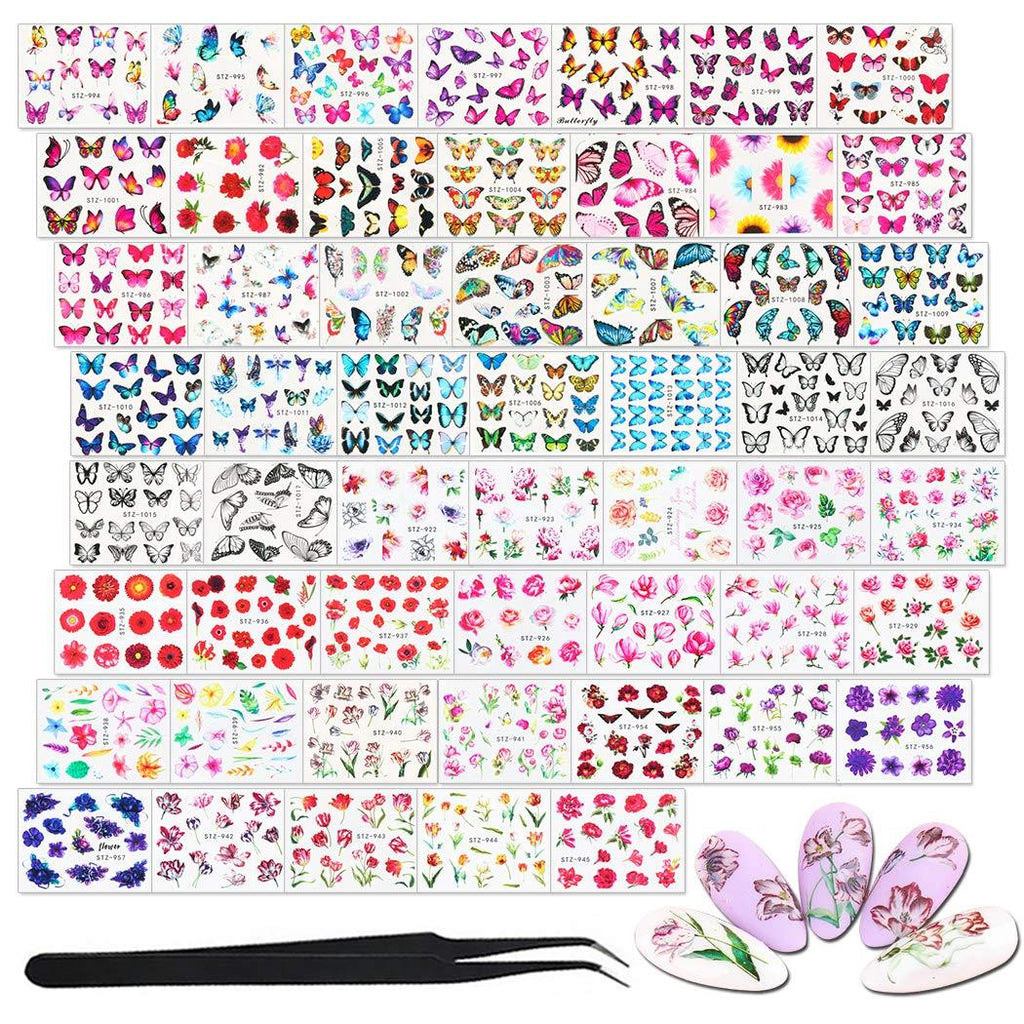 WOKOTO 54 Sheets Water Slide Nail Art Decals with 1Pc Tweezers Butterfly Flower Design Nail Water Transfer Stickers Manicure 3D Decoration KIT1 - BeesActive Australia