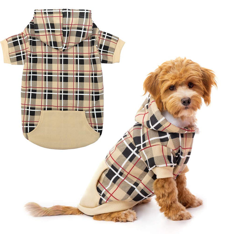 EXPAWLORER Plaid Dog Hoodie - British Style Soft and Warm Dog Sweater with Leash Hole, Hooded Cold Weather Clothes, Dog Sweatshirt, Outfits, Winter Coat for Small Medium Large Dogs Beige - BeesActive Australia