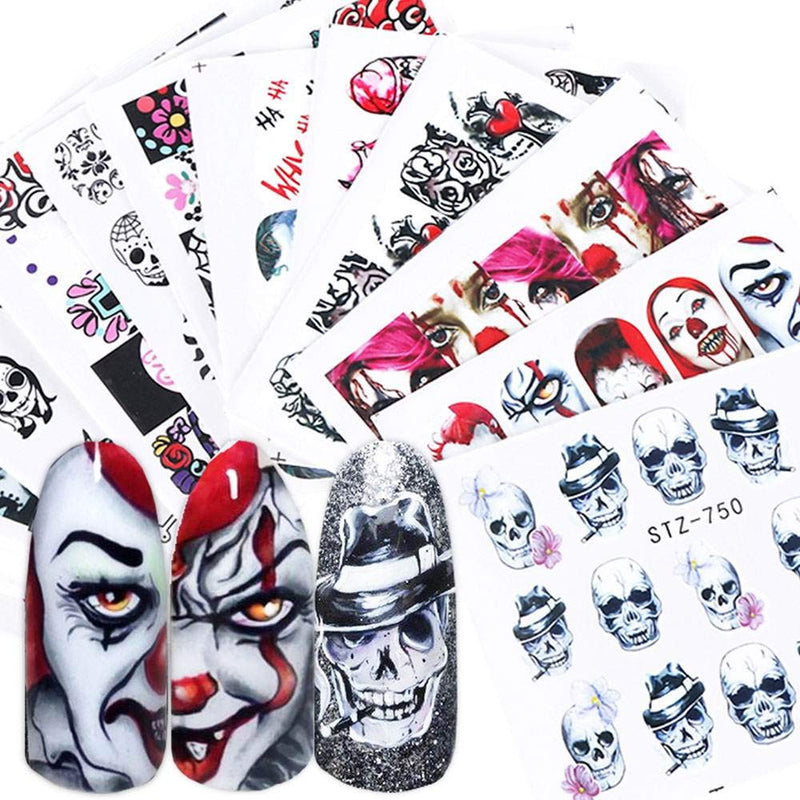 Halloween Nail Stickers Nail Art Stickers Decals Nail Accessories Decorations Nail Supplies Nail Stickers for Women Girls Black Skull Red Sliders Halloween Eyes Clown Zombie Decoration Manicure 25 Pcs - BeesActive Australia