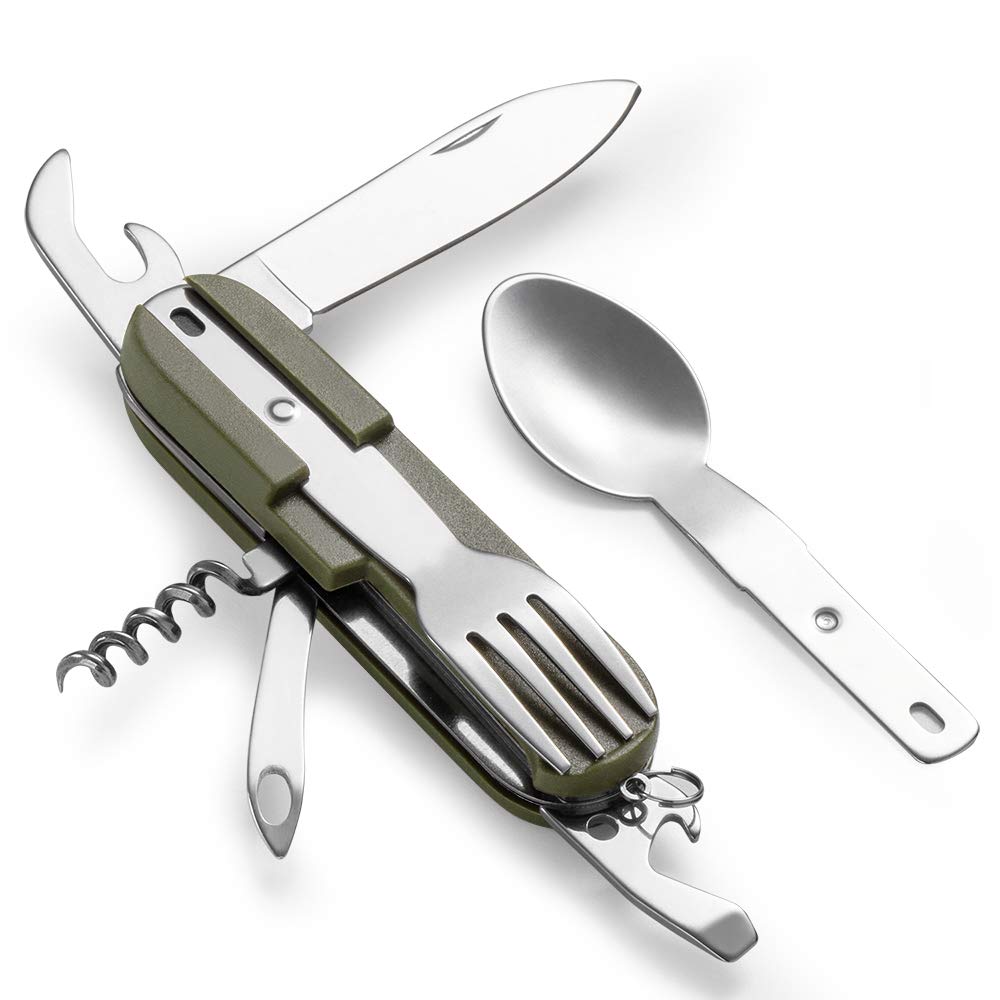 7-in-1 Camping Utensils Tool, Foldable Camping Utensil Set, Portable Stainless Steel Spoon, Fork, Knife & Bottle Opener Combo Sets, Multifunction Travel Backpacking Cutlery Eating with Case by HAHAHOO - BeesActive Australia