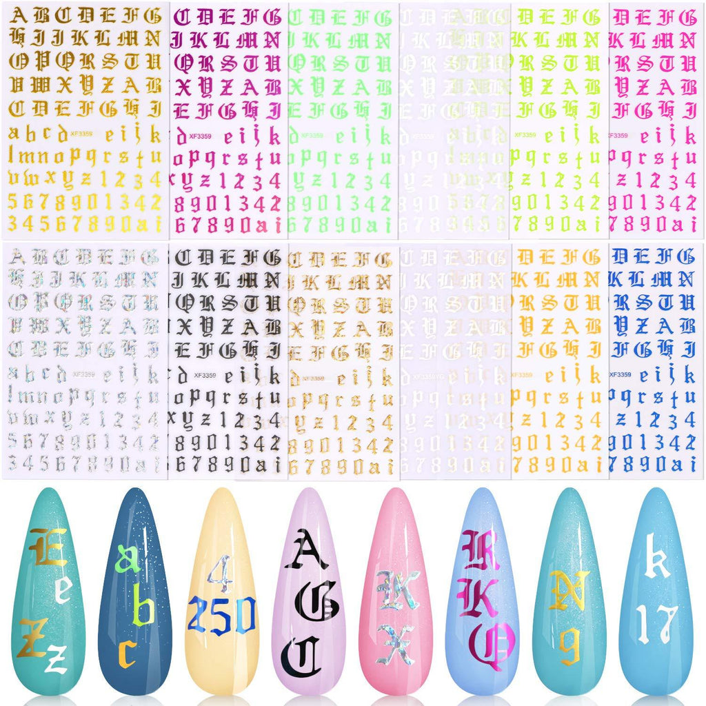Holographic Letter Nail Art Sticker, KISSBUTY 12 Colors Letter Numbers Old English Alphabet Nail Decals Ultra Thin Gummed Character Nail Adhesive Sticker Holographic Nail Art Decor, 12 PCS - BeesActive Australia