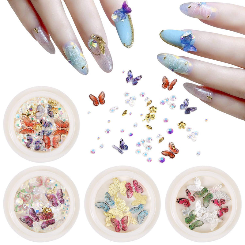 3D Butterfly Nail Art Decals,Butterfly Nail Charm Decals Set for Acrylic Nails with Crystals Nail Art Rhinestones Metal Flower Studs Kit Manicure Nail Decoration for Women 4 Boxes (Color 2) Color 2 - BeesActive Australia