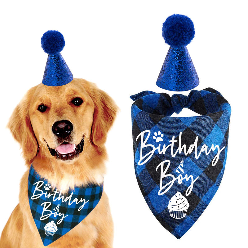 family Kitchen Classic Blue Plaid Pet Puppy Dog Bandana with Dog Birthday Party Hat Accessories, Boy Dog Birthday Bandana Scarf Bibs for Pet Birthday Outfit Party Supplies Set - BeesActive Australia