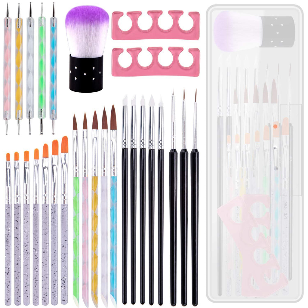 BQTQ 28 Pcs Nail Art Brush Pen Set, 7 Pcs UV Gel Nail Brush 5 Acrylic Nail Brush 3 Pcs Liner Brush 5 Pcs Nail Dotting Pen 5 Pcs Silicone Nail Pen 2 Pcs Finger Toe Separators 1 Pc Powder Remover Brush - BeesActive Australia