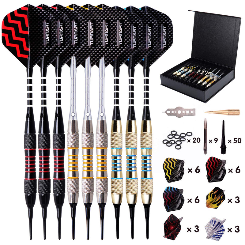 Darts Plastic Tip Professional Soft Tip Darts Set for Electronic Dartboard 9 Pcs 18 Grams with 50 Extra Tips 9 Shafts 27 Flights Tool Kit Gift Darts Case golden - BeesActive Australia