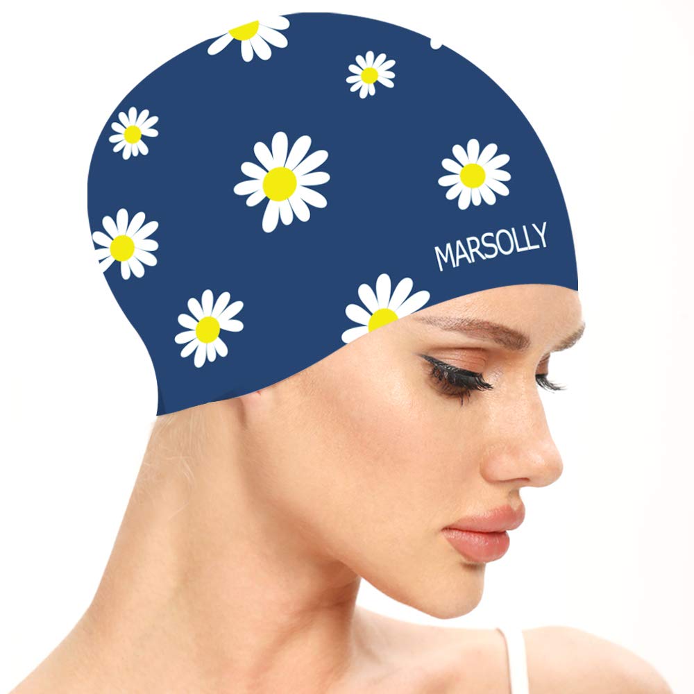 Marsolly Silicone Swim Cap for Women, Waterproof Long Hair Swimming Caps with Flower Printed Navy - BeesActive Australia