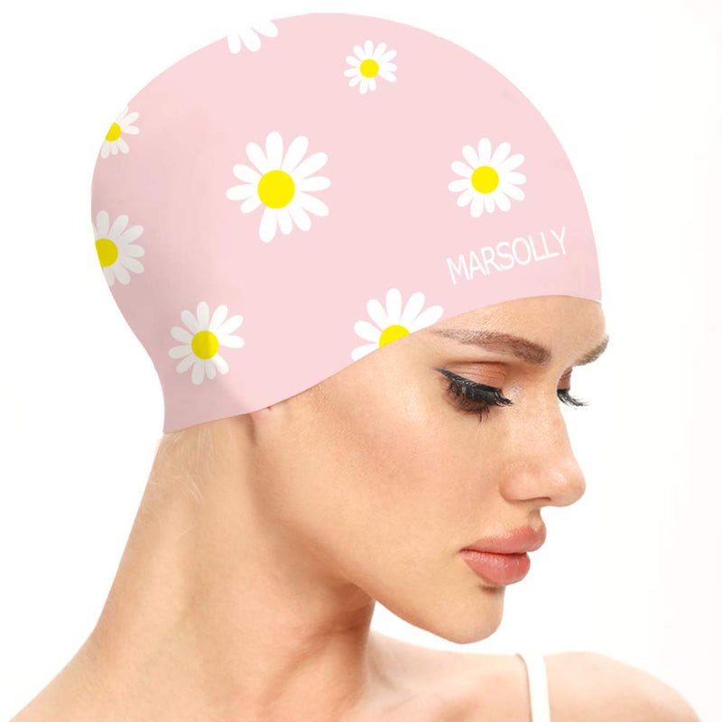 Marsolly Silicone Swim Cap for Women, Waterproof Long Hair Swimming Caps with Flower Printed Pink - BeesActive Australia