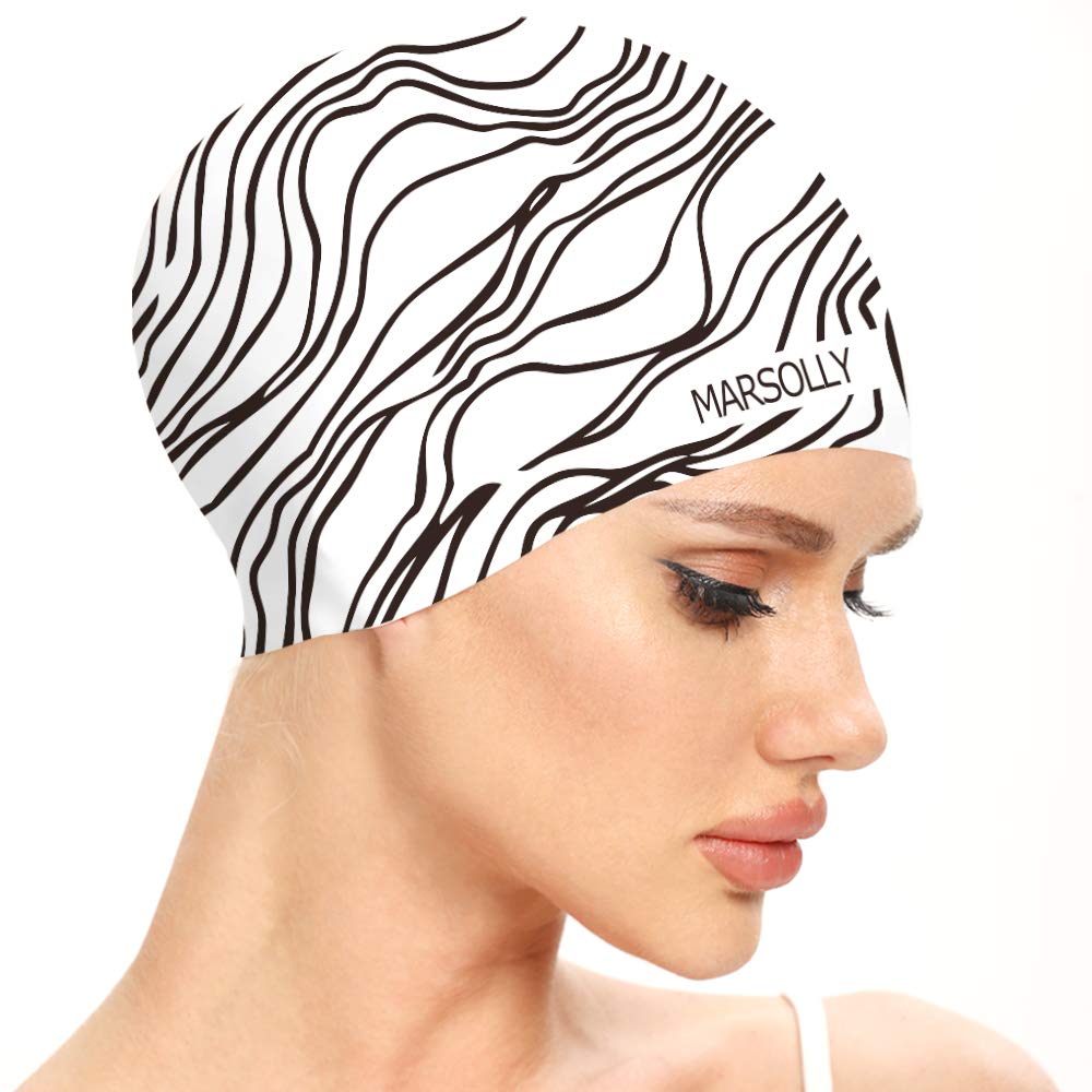 Marsolly Silicone Swim Cap for Women Long Hair Adult Swimming Caps with Fashion Printed Stripe - BeesActive Australia