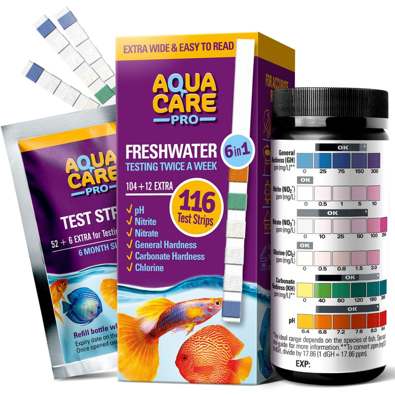 Freshwater Aquarium Test Strips 6 in 1 - Fish Tank Test Kit for Testing pH Nitrite Nitrate Chlorine General & Carbonate Hardness (GH & KH) - Easy to Read Wide Strips & Full Water Testing Guide, 116 Ct - BeesActive Australia