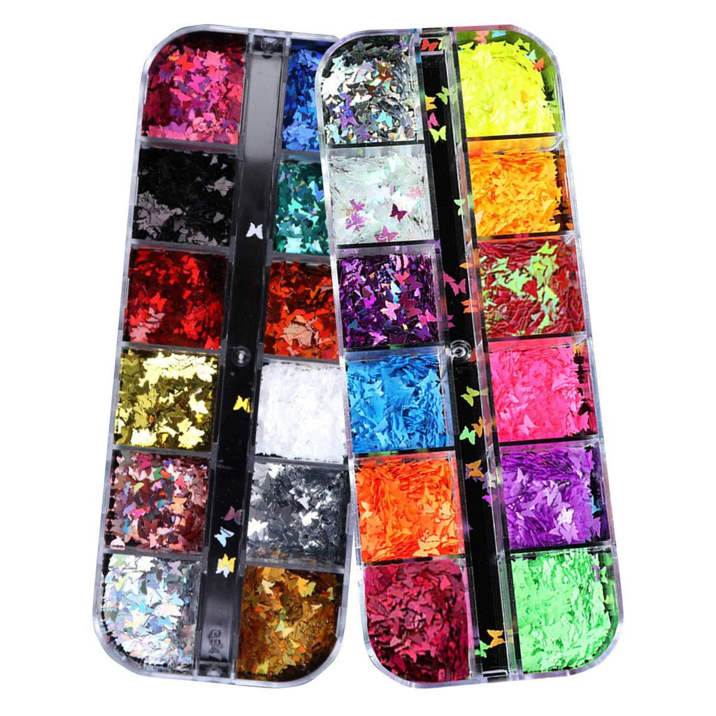 JAKSSO 3D Holographic Butterfly Nail Glitter Sequins 24 Colors Laser Butterfly Nail Sequins Nail Glitter Flakes Acrylic Manicure Paillettes for Nail Art Decoration - BeesActive Australia